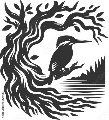 Vector silhouette of a kingfisher black illustration drawing