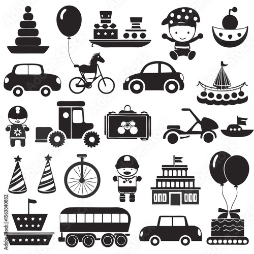 Collection of black and white children's toys and objects