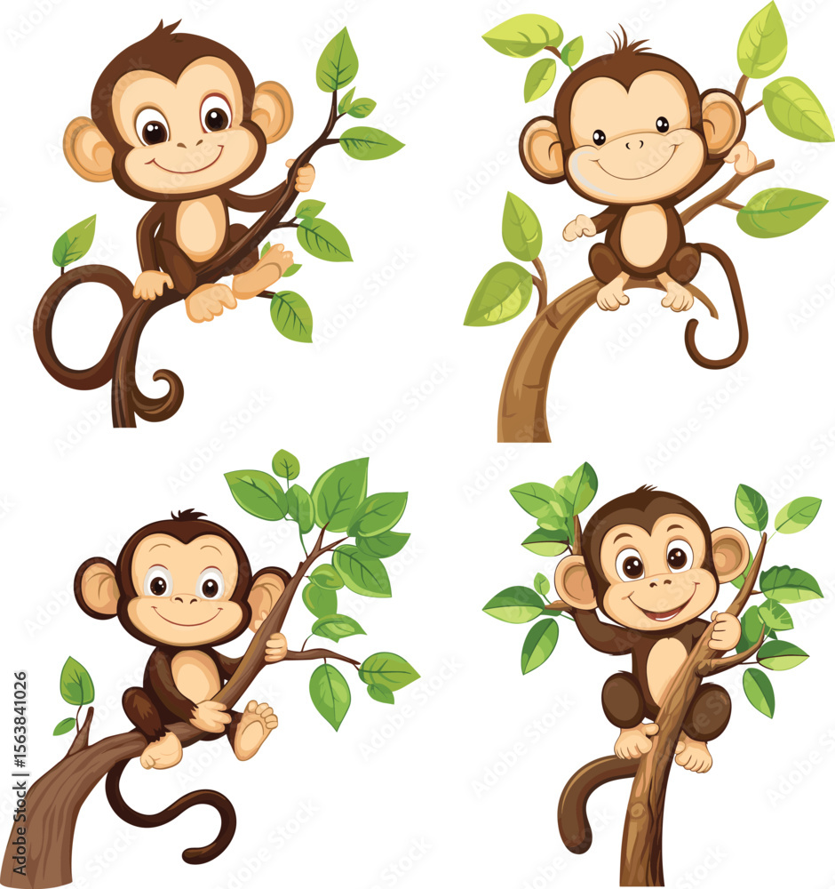Naklejka premium Cute monkey play in tree vector style on white background