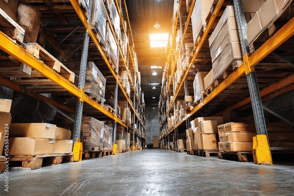 Fototapeta premium Warehouse interior with stacked boxes and bright lighting during daytime hours