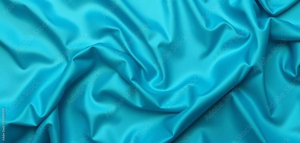Obraz premium Draped turquoise satin fabric texture background, elegant smooth silk textile backdrop, luxurious soft material, flowing waves, abstract design element, rich color, close-up view.