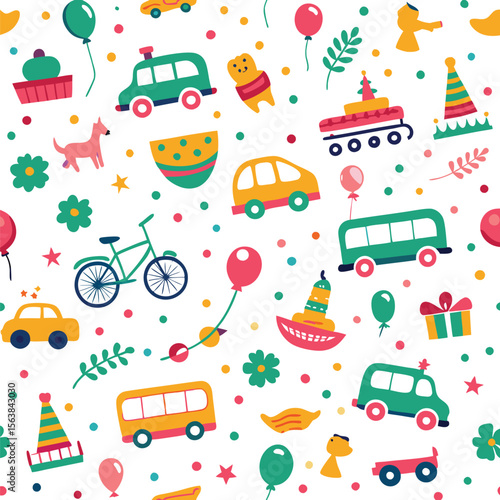 Fun, colorful birthday pattern with vehicles, animals, and party items