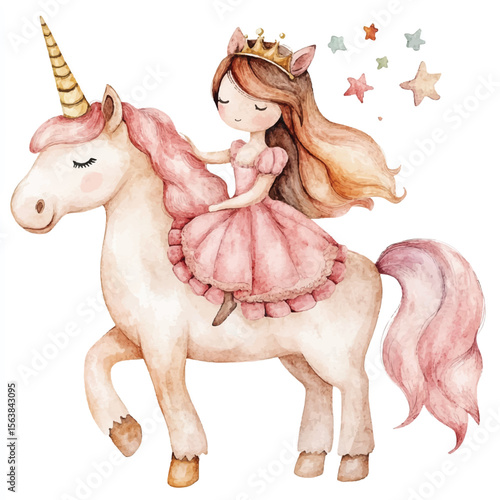 Watercolor Princess with Golden Crown Riding a Unicorn with Pink Mane