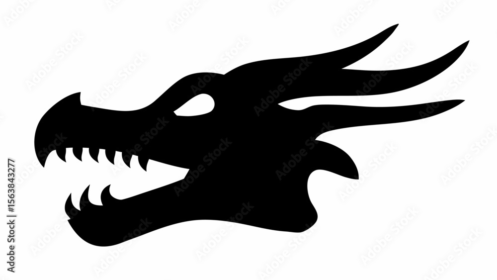 Fototapeta premium Silhouette of a dragon head with sharp teeth and horns in black and white simple illustration style design
