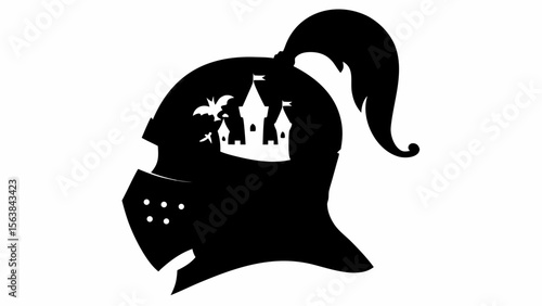 Silhouette of a knight's helmet with a castle and dragon inside the helmet and a ponytail on top