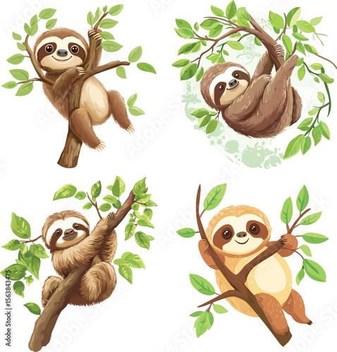 Cute sloth play in tree vector style on white background 