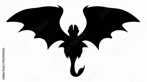 Silhouette of a toothless dragon with large wings spread out in a symmetrical and stylized design form