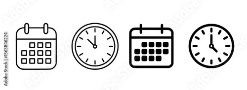 Black and white line art illustration of calendars and clocks time schedule