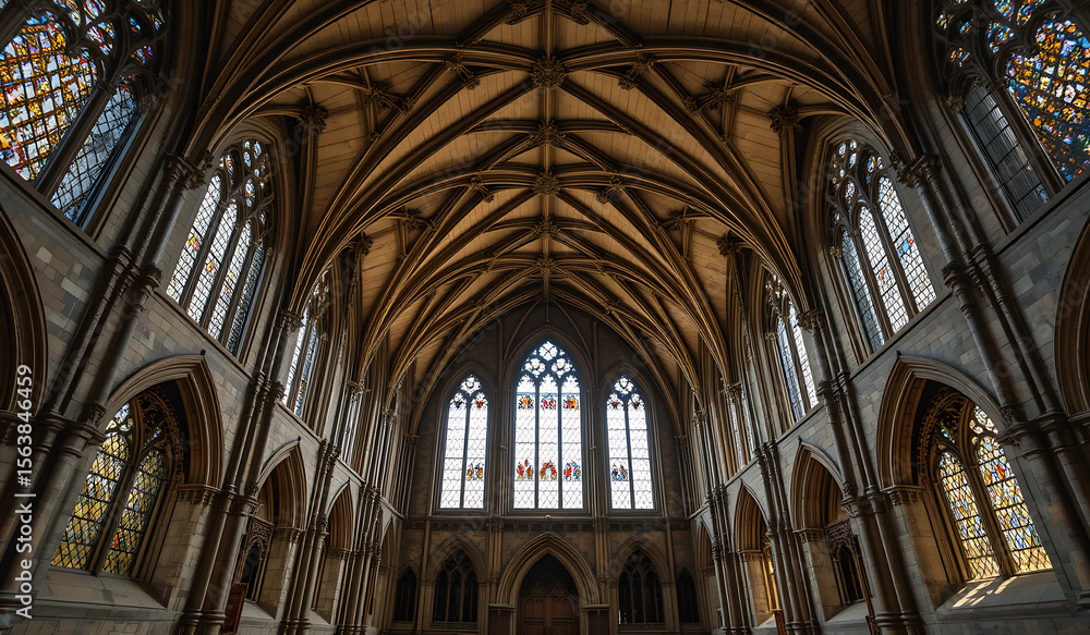 Fototapeta premium A majestic view of a Gothic church's interior, showcasing intricate ribbed vaulting, arched windows, and stonework. The architectural details and natural light create a sense of awe and grandeur.