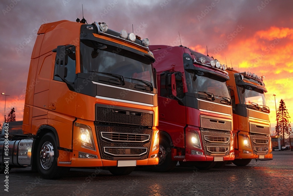 Vibrant trucks parked during sunset with dramatic sky and shadows in a scenic location Vibrant trucks parked during sunset with dramatic sky and shadows in a scenic location