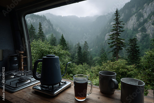 Cozy camper kitchen with steaming coffee overlooking misty mountains camper van kettle