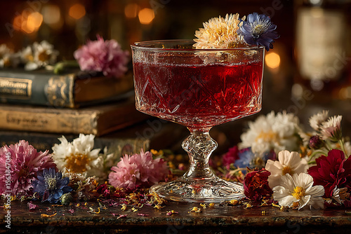 Wallpaper Mural A deep ruby-colored cocktail served in a vintage coupe glass, garnished with delicate flowers. Surrounded by dried petals on a rustic surface. Ideal for bar menus, romantic scenes, or editorial use. Torontodigital.ca