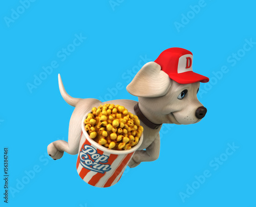 Fun 3D cartoon dog with popcorn