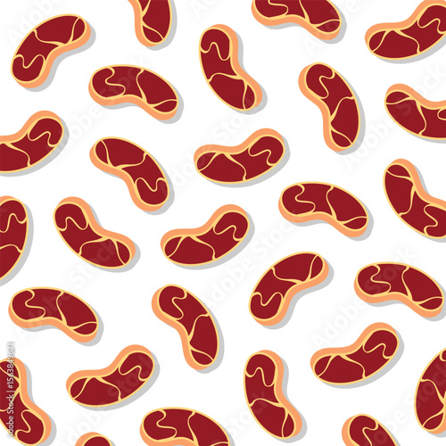 Seamless pattern of cartoon-style raw meat slices with marbled texture on white background. Flat design, isolated food elements