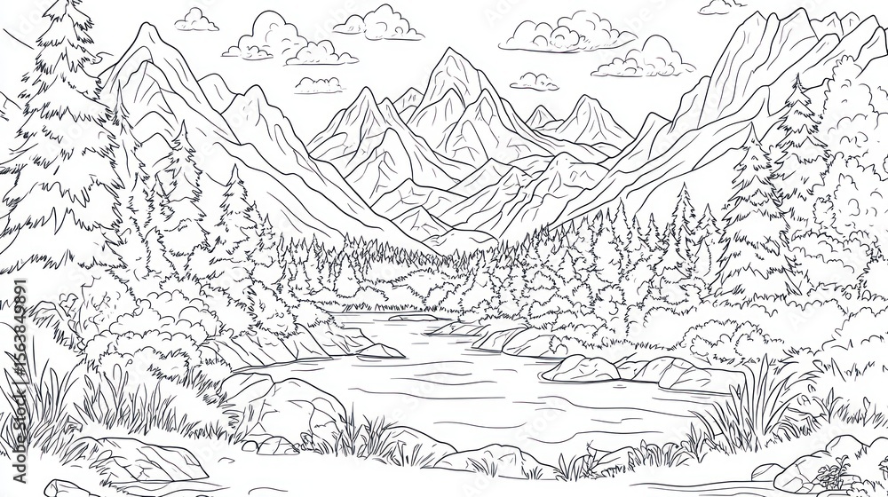 Naklejka premium Mountain Landscape Coloring Page (2)