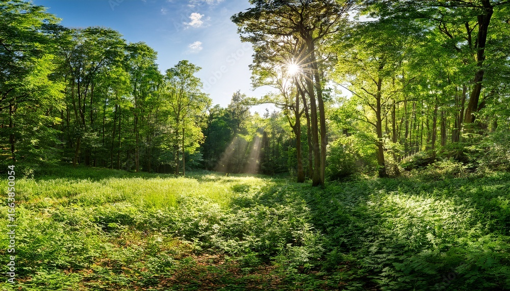 Naklejka premium panoramic landscape beautiful rays of sunlight shining through the vibrant lush green foliage and creating a dynamic scenery of light and shadow in a forest clearing