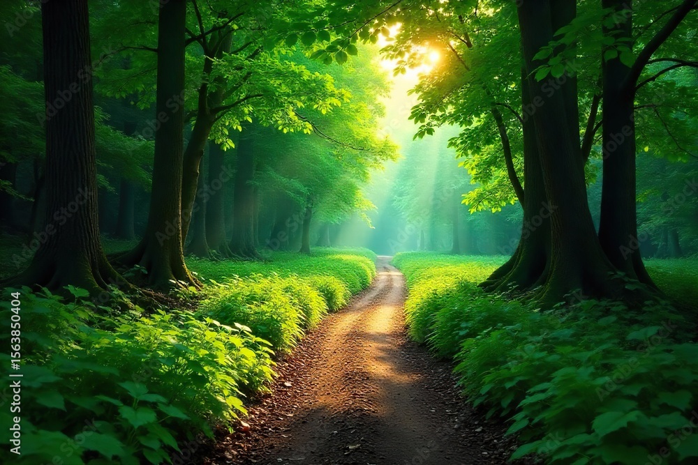 Fototapeta premium Sun-Dappled Path Through Lush Forest A Journey Towards Tranquility and Discovery