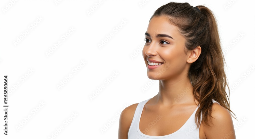 Smiling woman portrait with ponytail on white background Smiling woman portrait with ponytail on white background