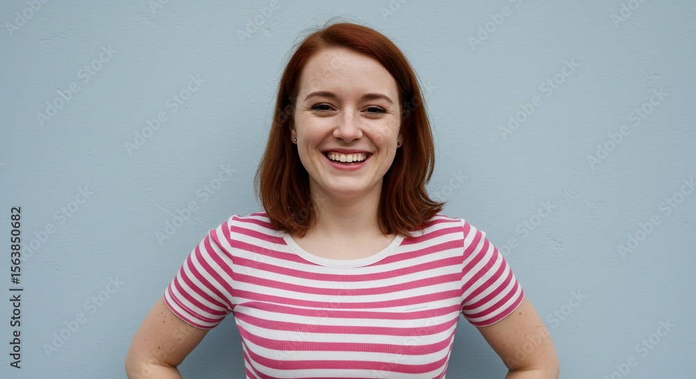 Smiling woman portrait with striped shirt against blue background Smiling woman portrait with striped shirt against blue background