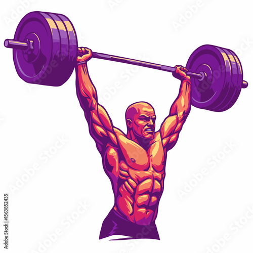 A determined bald athlete with a strained expression lifting a heavy barbell overhead on a white background