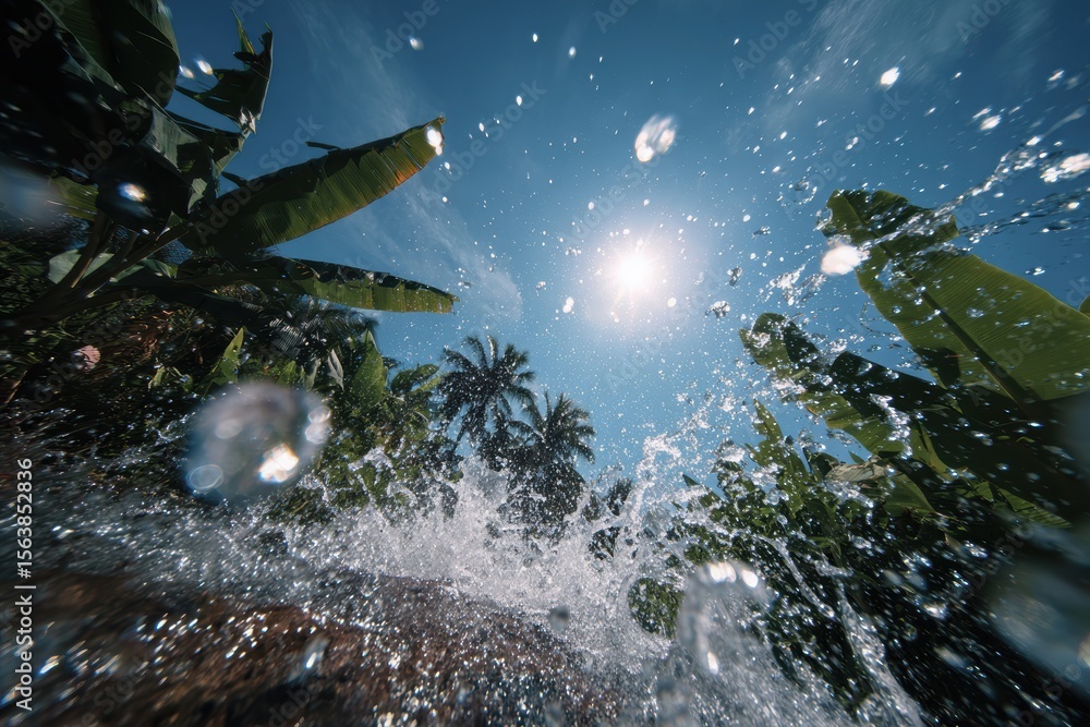 Naklejka premium Splashing water catches sunlight among tropical greenery during summer vacation Generative AI