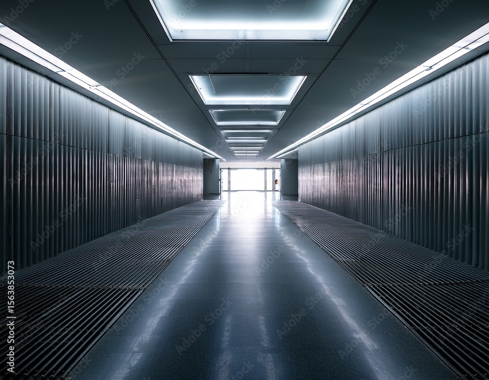 Naklejka premium empty modern corridor with polished floor and illuminated rectangular ceiling lights leading to a bright square window at the end creating a futuristic and mysterious atmosphere
