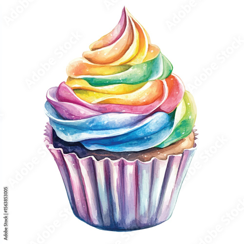 Watercolor Rainbow Swirl Cupcake with Pastel Liner
