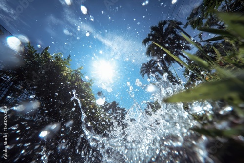 Bright summer vacation captures lens flare and splashes in serene outdoor setting Generative AI