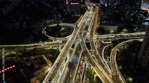 Aerial view of Guangzhou City highlighting Zhongshan Overpass illuminated at night
