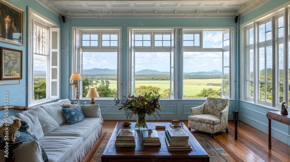 Fototapeta premium Light-filled living room with expansive views.