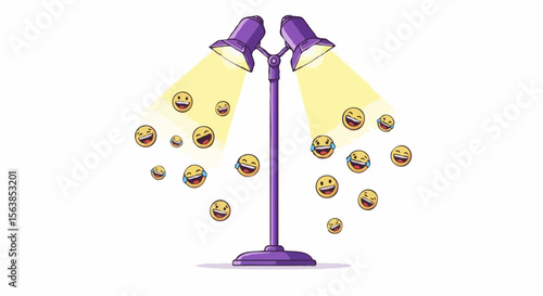 A cartoon purple spotlight in yellow light illuminating many laughing emojis as a concept for humor and comedy with spaces for text
