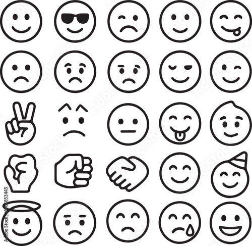 Emotion Icon Set – Black and White Emoji Faces with Cartoon Smiley Expressions in Simple Line Art