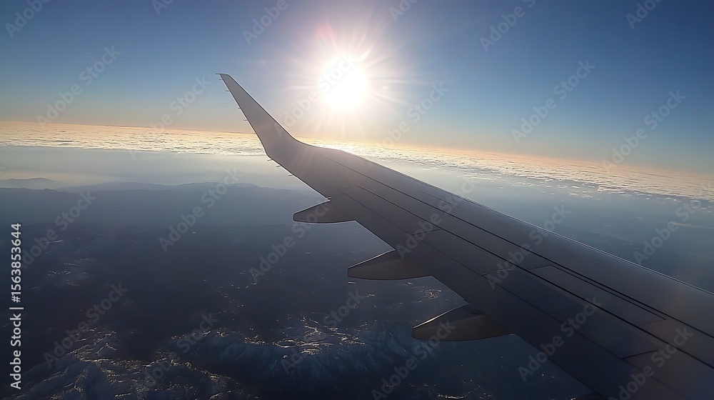 Obraz premium Airplane Wing View Of Landscape With Bright SunLight And Cityscape On Horizon View From High Altitude Overview With Bright Skies And Sun Glare On Wing Showing Travel And
