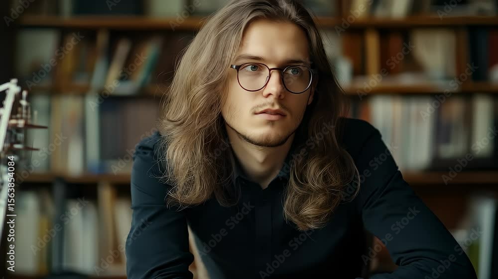 Pensive Young Scholar Thinks in Study Pensive Young Scholar Thinks in Study