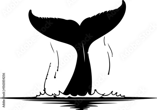 Black whale tail breaching ocean waves water