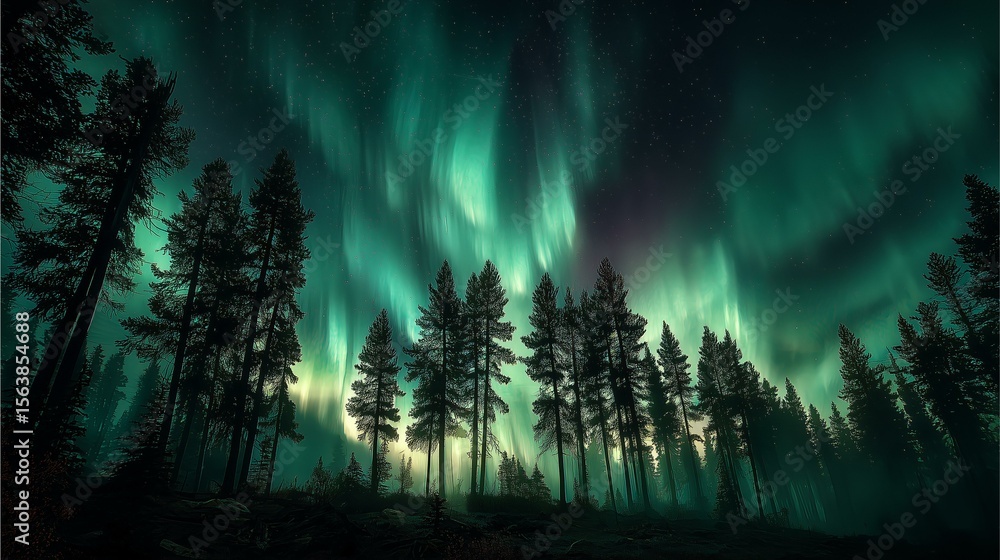 Obraz premium forest_landscape_glowing_under_aurora_boreali