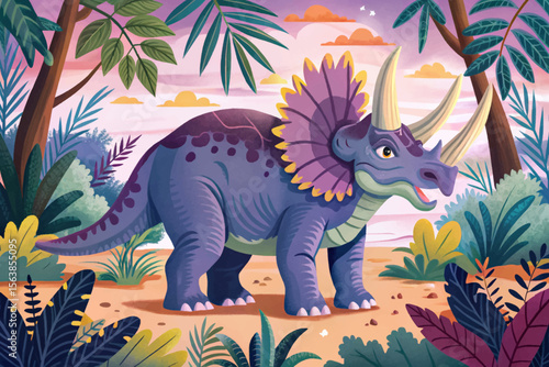 Triceratops Herd Grazing in a Lush Prehistoric Jungle