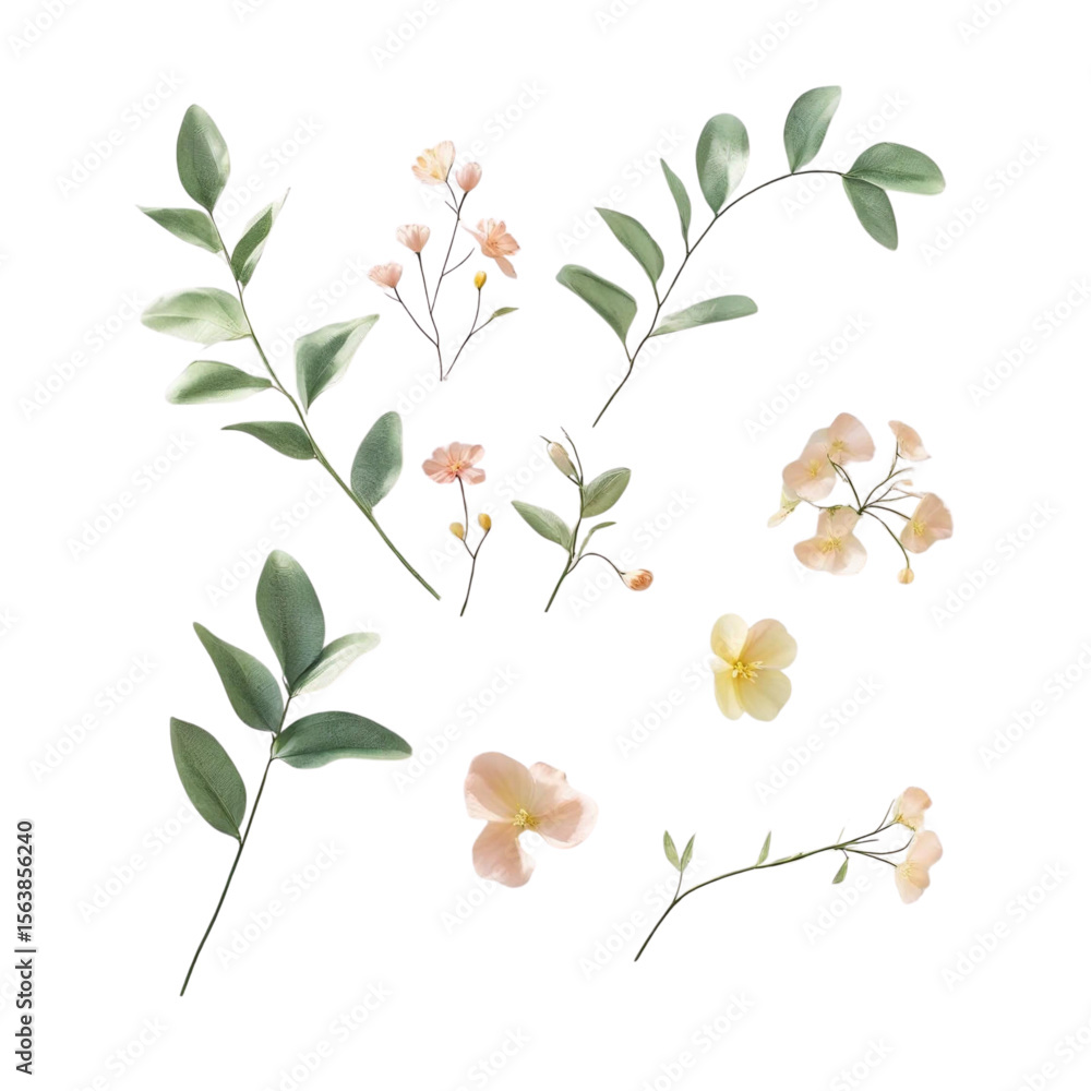 Obraz premium Watercolor floral elements for wedding invitation design and delicate botanical illustration with leaves and flowers on transparent background