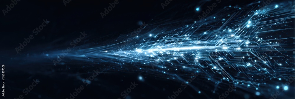 Fototapeta premium Abstract blue digital network flow with glowing circuits and data streams