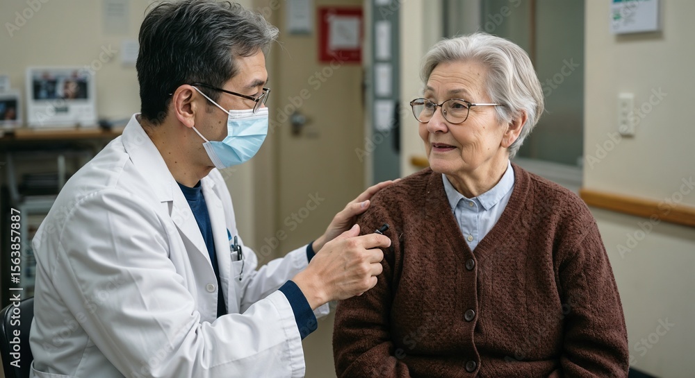 Fototapeta premium Doctor consulting elderly woman during health check in clinic 