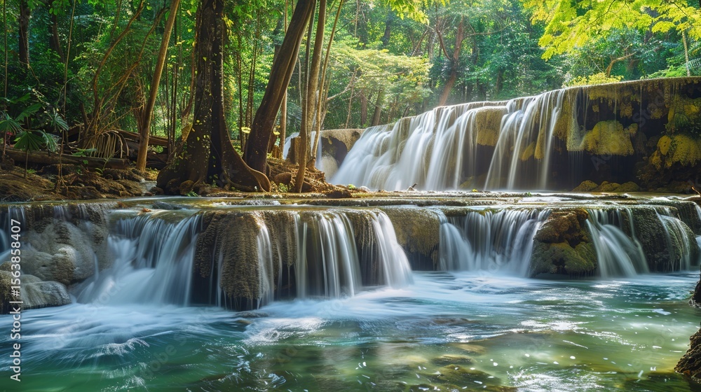 Fototapeta premium Panoramic Beautiful Deep Forest Waterfall in Thailand: Tropical Jungle Cascades, Scenic Natural Wonders, and Thai Wilderness Landscapes