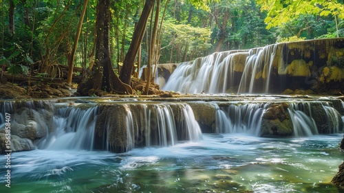 Panoramic Beautiful Deep Forest Waterfall in Thailand: Tropical Jungle Cascades, Scenic Natural Wonders, and Thai Wilderness Landscapes