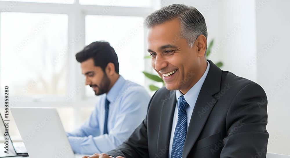Two business professionals collaborating happily at a workplace, utilizing technology for tasks Two business professionals collaborating happily at a workplace, utilizing technology for tasks
