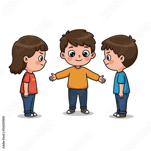 Boy with team building mediating between peers. Perfect for conflict resolution, leadership training, and social skills development.