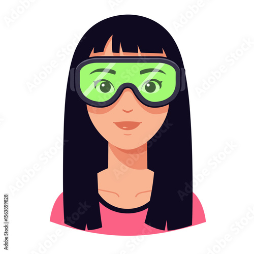 Woman with goggles wearing protective eyewear. Ideal for laboratory safety, scientific research, and industrial protection content.