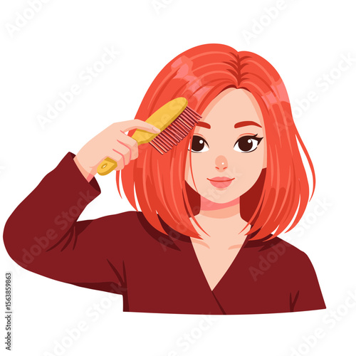 Woman with styling brush brushing red hair. Perfect for hairstyling tutorials, beauty salons, and personal grooming content.
