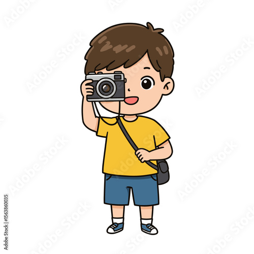 Boy with camera in yellow shirt. Ideal for photography classes for kids, summer camp activities, or travel and tourism content.