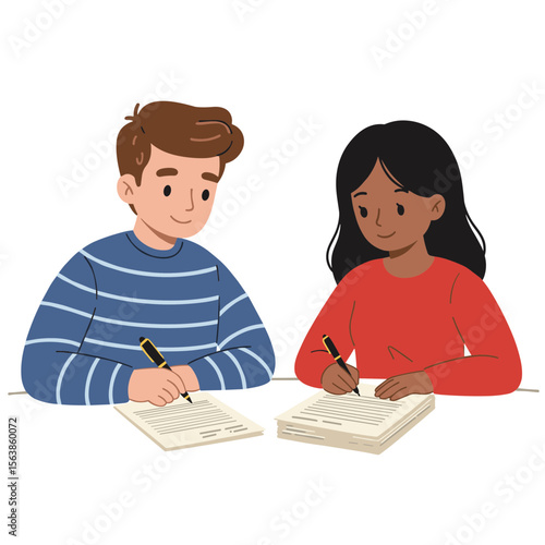 Young couple studying together with books. Ideal for education collaboration, relationship goals, or student lifestyle illustration.