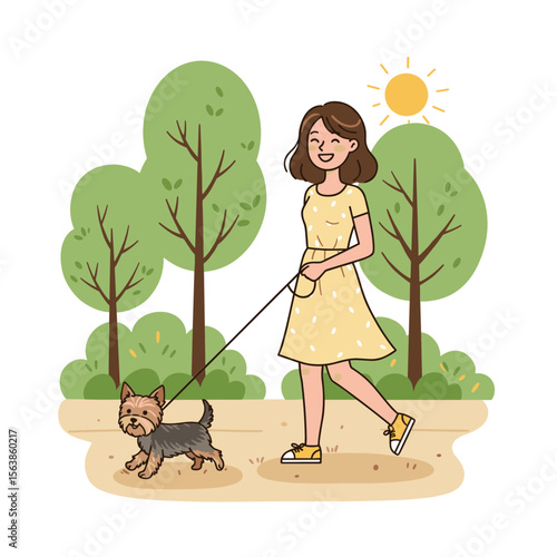 Woman walking dog in park with leash. Perfect for pet care, outdoor activities, or urban lifestyle content.