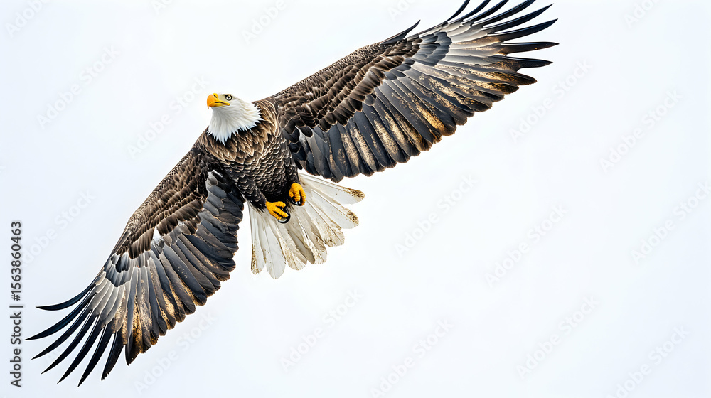 Fototapeta premium Majestic bald eagle in flight against a clear white sky, showcasing its powerful wings and sharp talons.